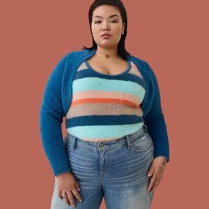 5X 28W Torrid Blue Shrug Eyelash Sweater Bolero Textured Knit Crop 90s Y2K Fuzzy